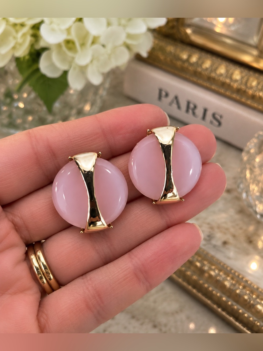 Vintage Pink Gold Tone Clip On Earrings